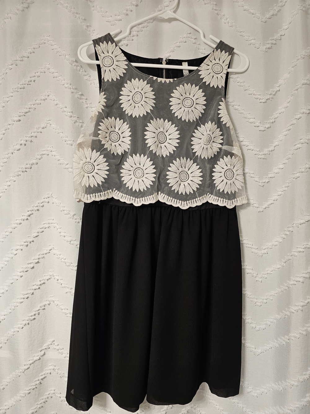 Womens Black Dress with White Floral Lace Bodice